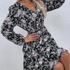 Women Floral Print Casual Short Dress Fall A-Line V-Neck High Waist Puff Sleeve Black S-XL