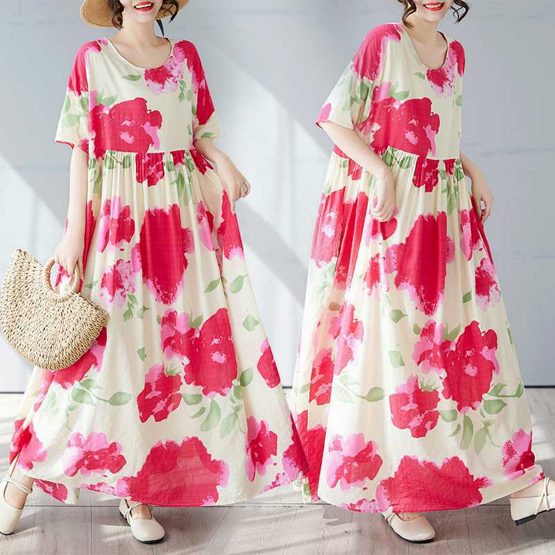 Простая и модная длинная юбка, летнее платье с короткими рукавами и круглым вырезом с принтом