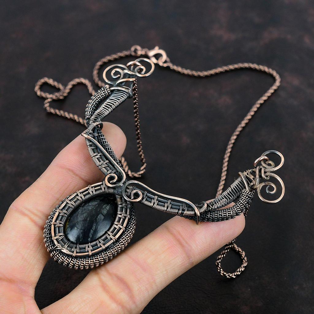 Ожерелье из яшмы Пикассо, ожерелье из медной проволоки, ожерелье ручной работы с драгоценными камнями, ювелирные изделия из медной проволоки, ожерелье с камнем, подарки для подруги