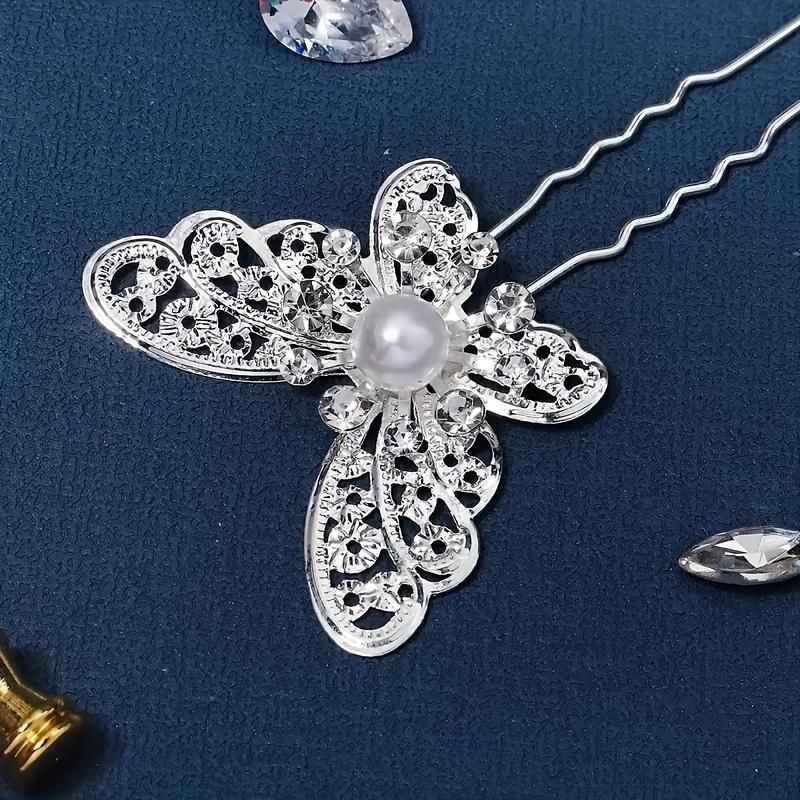 Vintage-Style Metal Hollow Butterfly Hairpins, Silvery Hair Clips with Butterfly Faux Pearls and Rhinestones for Brides