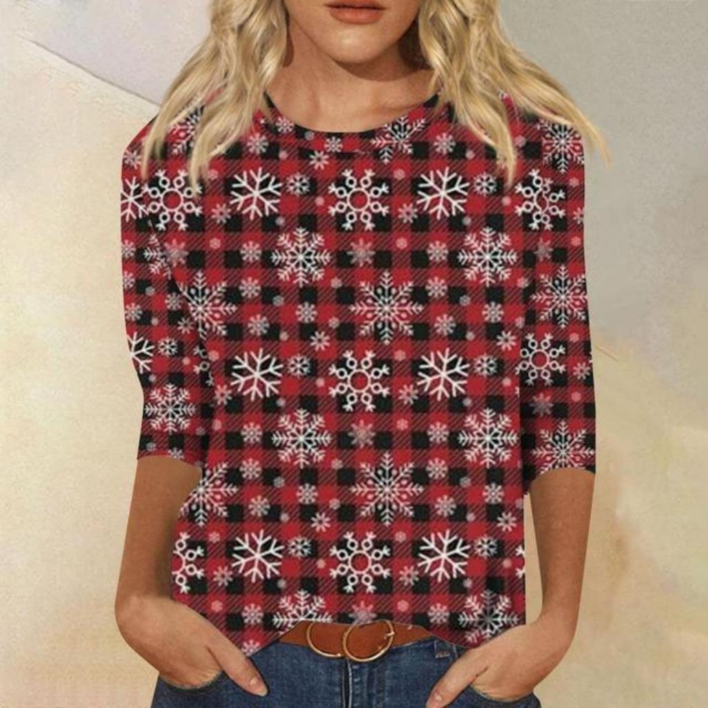 Christmas Women's Sweatshirt Designer Round Neck Long Sleeve Loose Fashion Casual Red Plaid Snowflake Fun Pattern Print Top