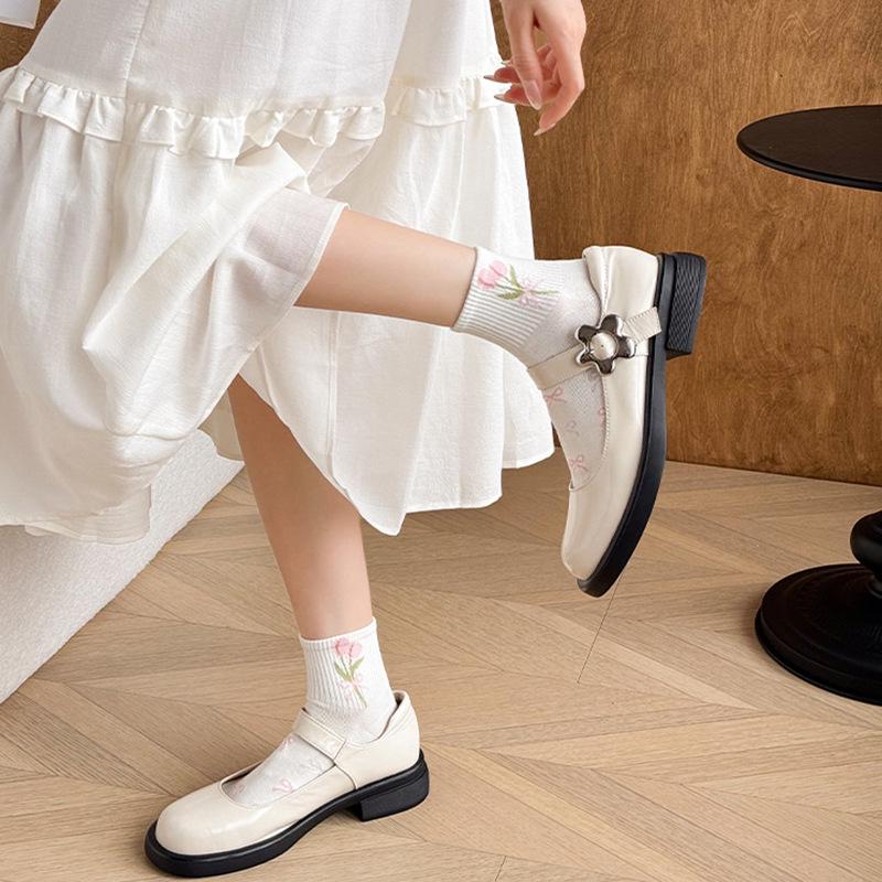 Women's Autumn/Winter Short Socks - Cute Japanese Style with Pink Flowers, Polka Dots & Bow, White Versatile Design