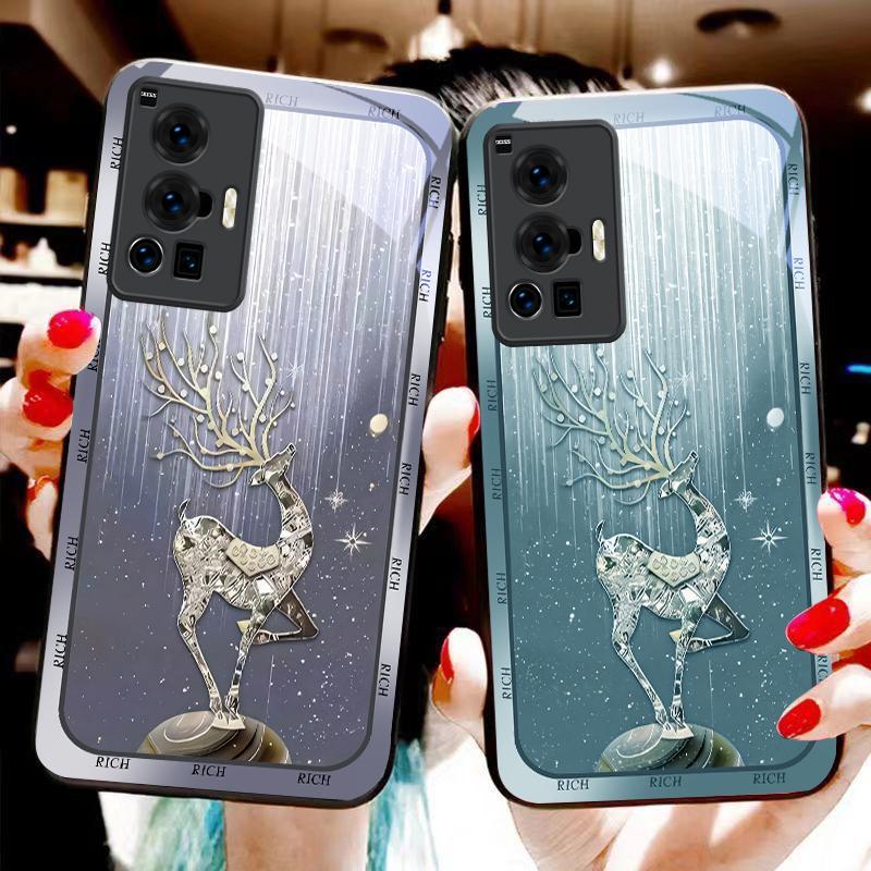 Чехол для телефона vivo X90 Pro+ X100 X70 X80 X200 Pro mini V29 V23 V30 V25 V40 SE V21 V25E V23e Черный Стеклянный Чехол 'Звездная Ночь Олень'