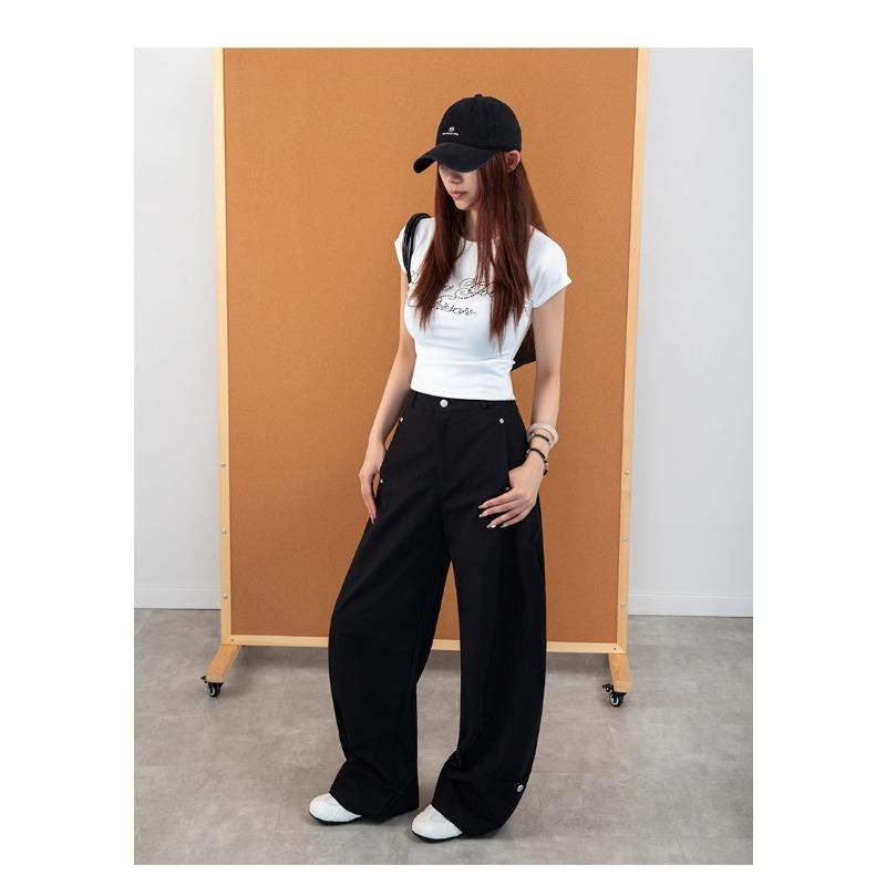 Women Curved Leg Pants High Waist Loose Wide Leg Cargo Pants Rivet Solid Color