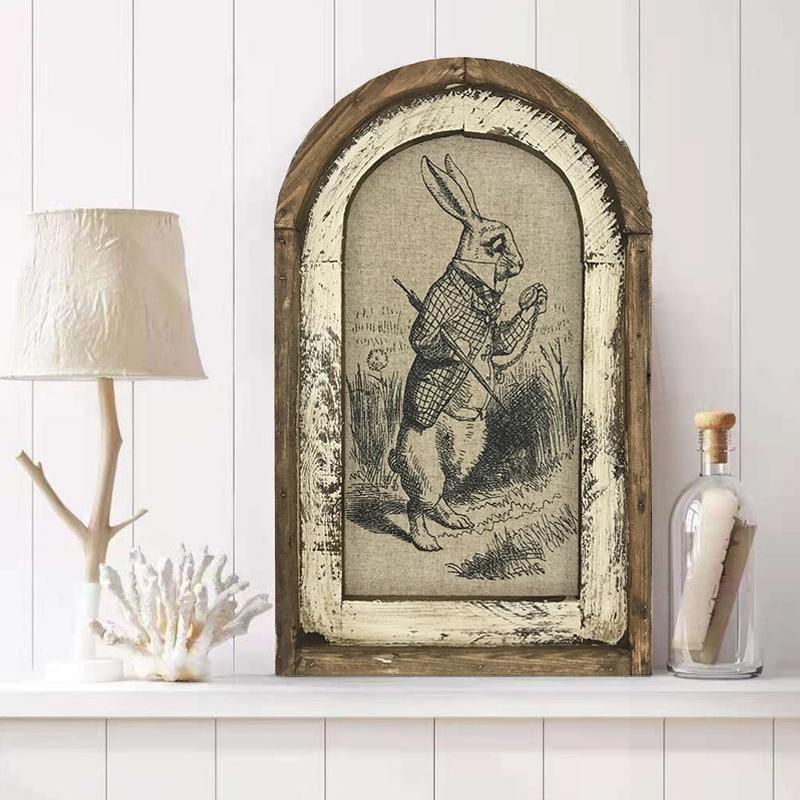 1PC Vintage Easter Decor Retro Home Decoration Wooden Bunny Oil Painting Rabbit Inn Art Print