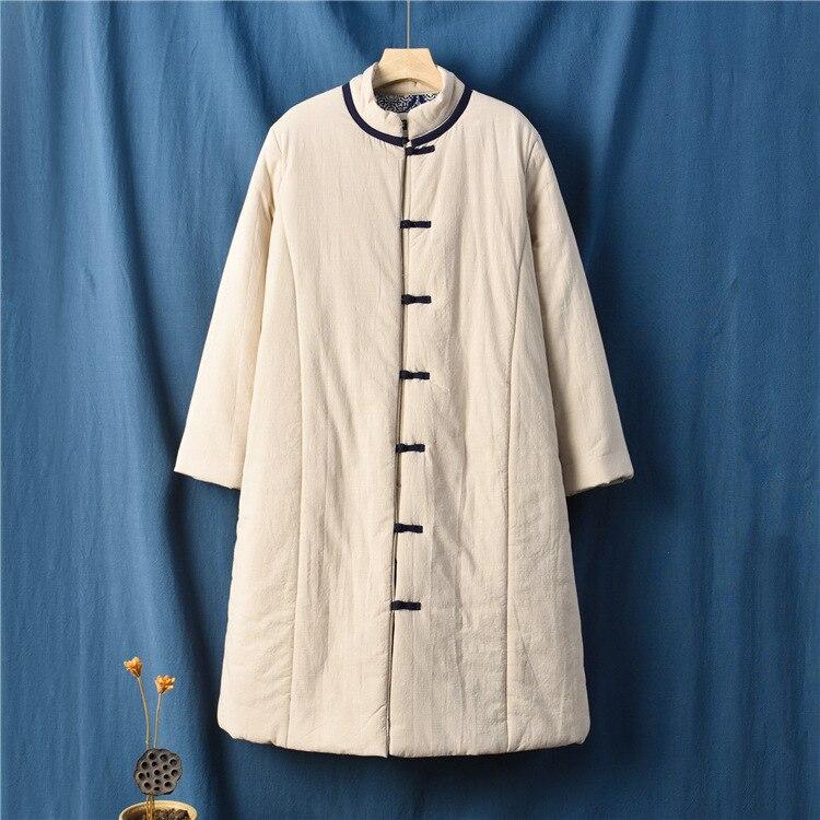 Johnature Vintage Women Long Sleeve Coats Winter Pockets Cotton Linen Solid Color Loose Female Parkas