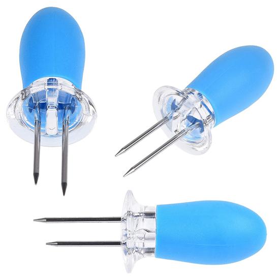 8Pcs Corn Holder Stainless Steel Corn Skewer Silicone Handle BBQ Fork Heat Resistant Fruit Skewer for BBQ Picnics Parties