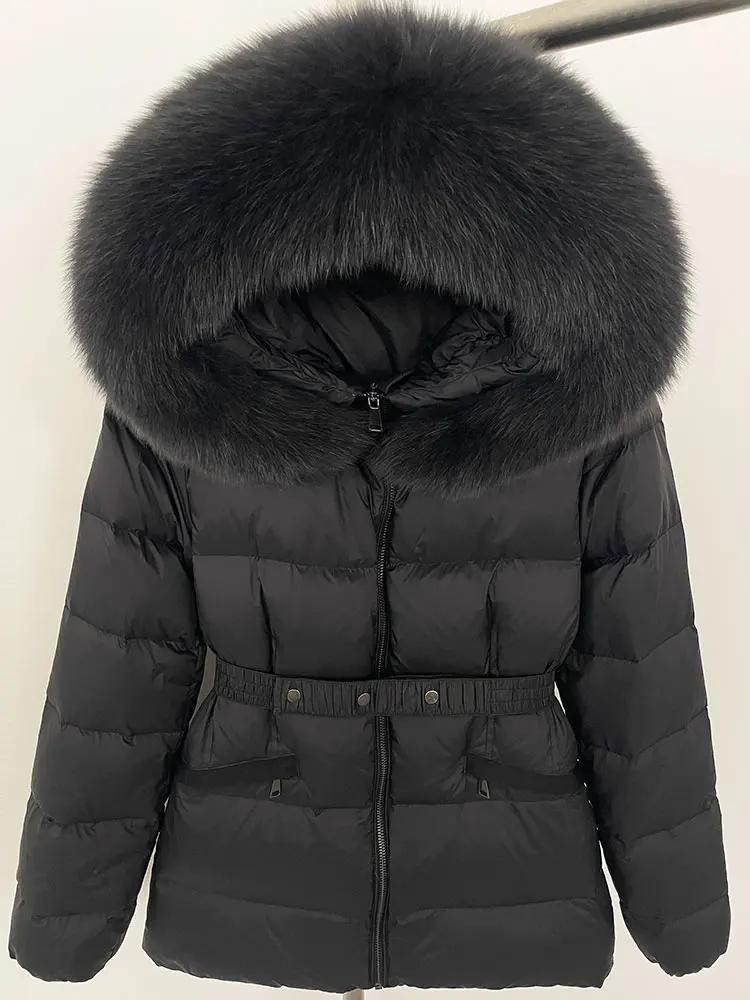 OFTBUY 2024 Winter Jacket Women Natural Real Raccoon Fox Fur Collar Hooded White Duck Down Coat Belt Thick Warm Casual Outerwear