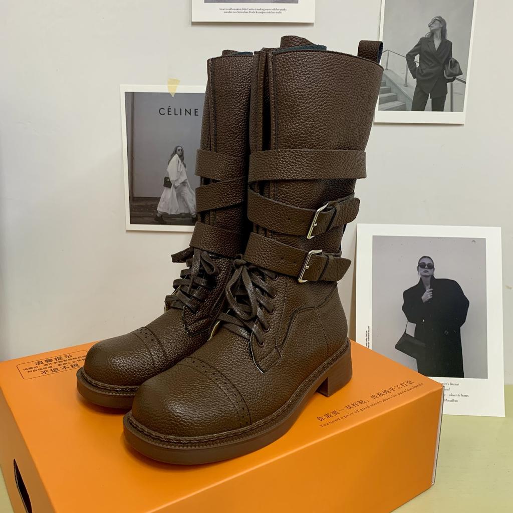 Spot Second Hair! Retro Lace-up Round Head Medium Boots British Style Versatile Solid Color Thick Heel Belt Buckle Locomotive Boots Women