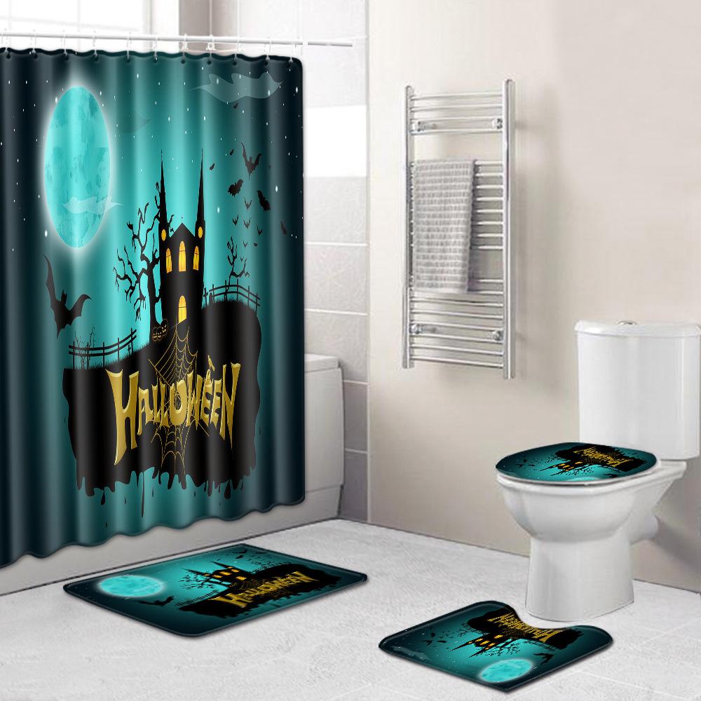 Halloween Shower Curtain Floor Mat Combination Four-Piece Set Bathroom Toilet Carpet Shower Room Foot Mat