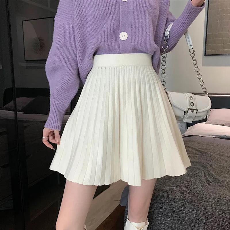 WTEMPO Knitted Pleated Skirts Women Elastic High Waist Sweater Skirts Spring Autumn Solid Casual Knitting Ribbed Mini Skirts