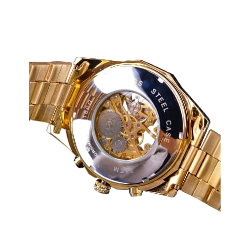 Forsining Men's Mechanical Watch with Golden Stainless Steel Skeleton, Transparent and Waterproof