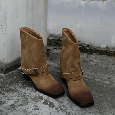 Мода Ретро Металлическая Декоративная Пряжка Ремешок Женские Ботинки Грубый Каблук Квадратный Носок Женские Короткие Ботинки Уличный Стиль Ручная работа