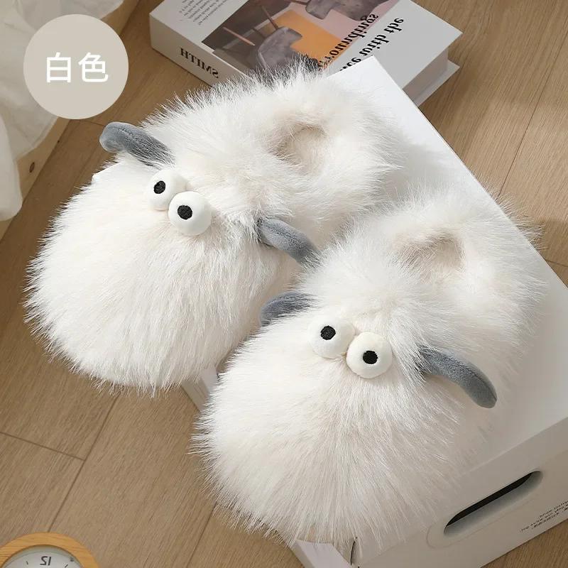 Модные милые тапочки с изображением монстра с большими глазами, осенне-зимние новые уличные туфли из искусственного меха, забавные теплые плюшевые тапочки с толстой подошвой