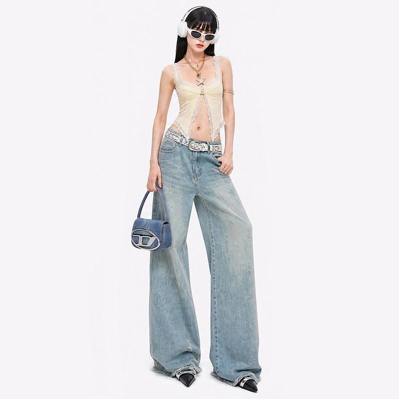 Retro street American fashion ripped washed jeans women's high waist loose drape comfortable versatile wide leg pants tide