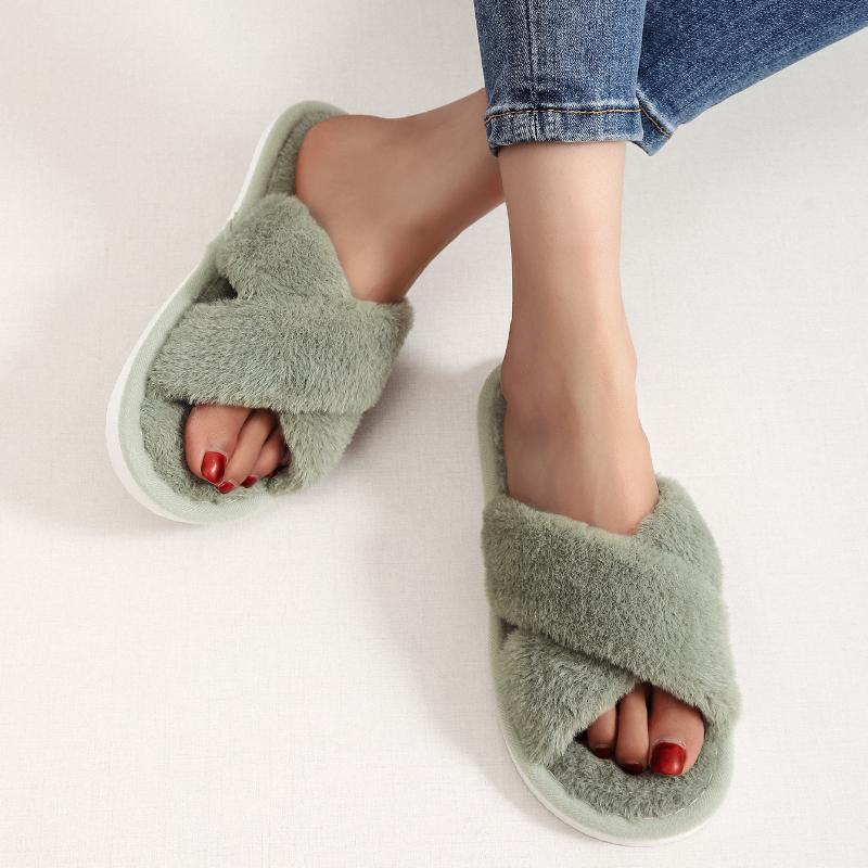 Cross-belt Women's Fluffy Slippers, Open Toe Slippers, Home Women's Thermal Cotton Slippers