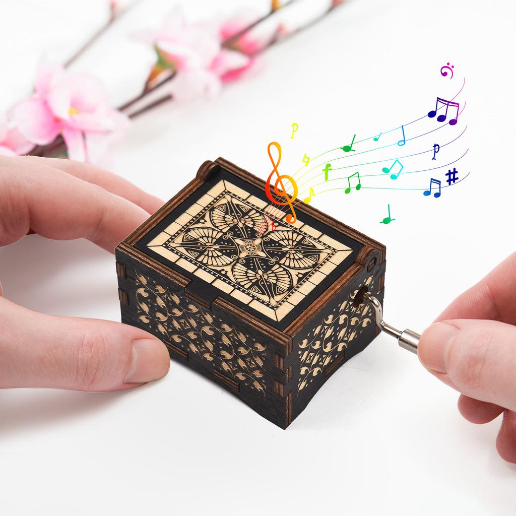 Vintage Wooden Music Box Palm-size Hand Crank Wood Case Musicbox Beautiful Carved Wooden Musical
