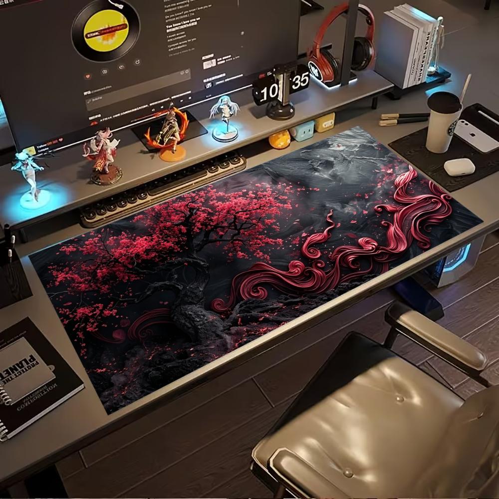 Oversized Gaming Desk Mat Red Dragon Plum Ink Print Non Slip Rubber Lock Edge Pad For Laptop Office Desktop Stuff