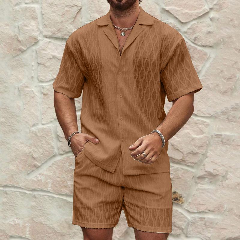 Summer Men's Casual Daily Outdoor Travel Solid Jacquard Lapel Short-sleeved Shirt Drawstring Shorts Two-piece Set