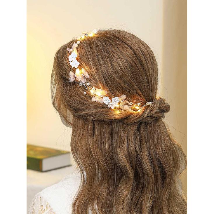 Unicra Butterfly Light up Headband Flower Bridal Wedding Hair Vine Silver Bride Hair Piece Pearl Hair Accessories for Women and Girls