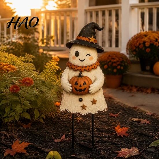 Spooky Pumpkin Yard Signs Halloween Cute Ghost Ground Stakes, Metal Art Sculpture with Pumpkin/Broomstick Elements for Outdoor Path Markers