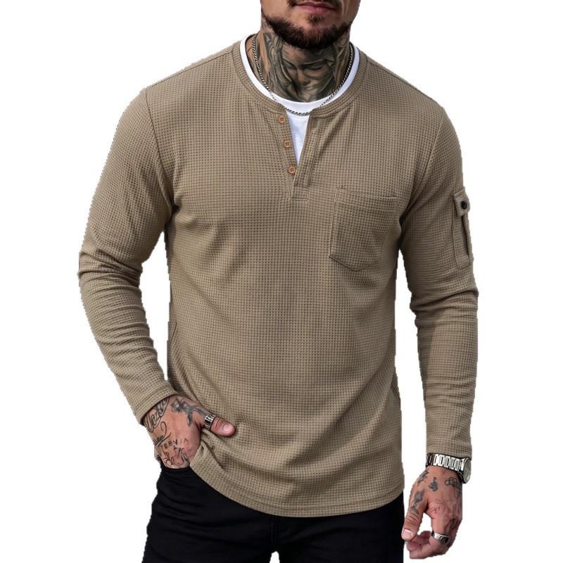 Mens Long Sleeve Layered Look T-Shirt V-Neck Casual Slim Fit Cotton Blend Tee Fall