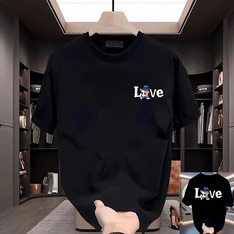 Летняя футболка с круглым вырезом, принтом «Love» и мультяшной графикой, модная повседневная, из чистого хлопка, с коротким рукавом, мужская