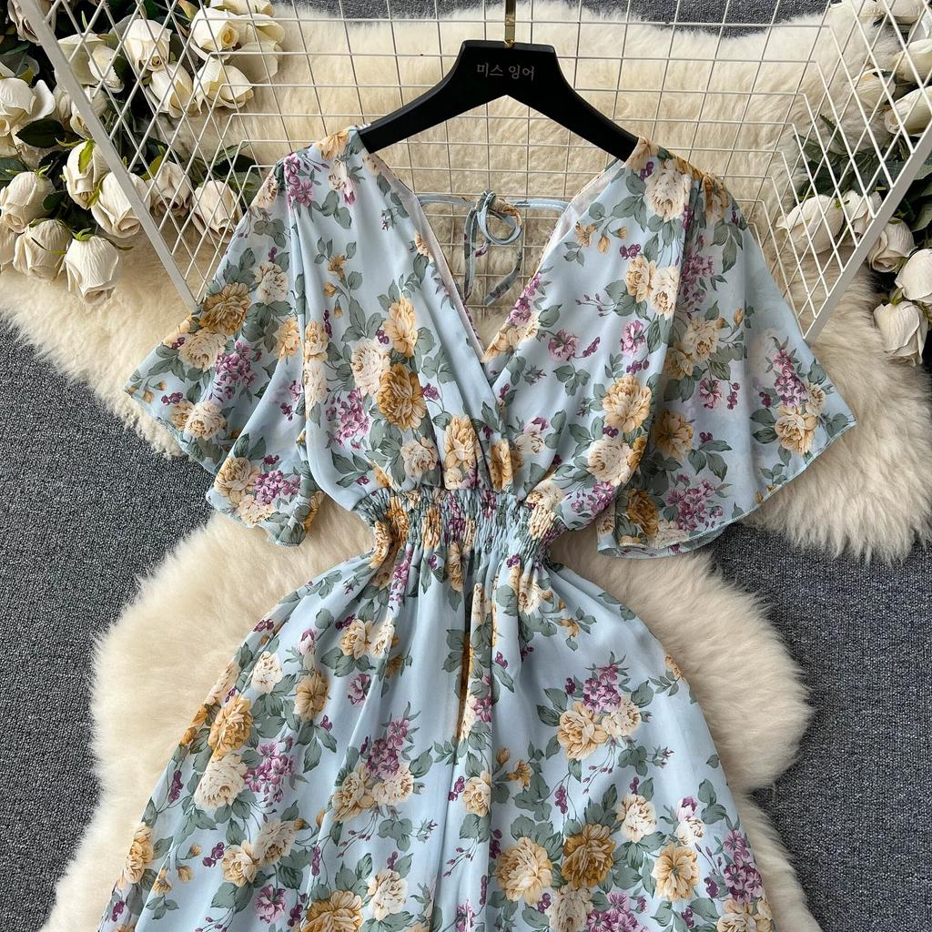 Морское праздничное шифоновое платье с принтом, женское летнее новое обтягивающее талии с v-образным вырезом средней длины, большая распашная юбка, модная