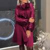 Women Dress Round Neck Lace-up Strap Shiny Sequin Patchwork Long Sleeves Midi Dress