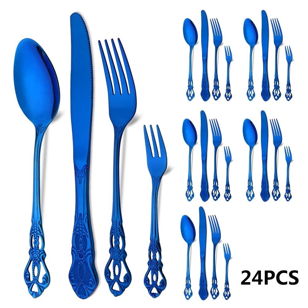 24 шт. Радужный набор столовых приборов, кухонные столовые приборы из нержавеющей стали, нож, вилка, ложка, вилка для торта, винтажный королевский набор посуды