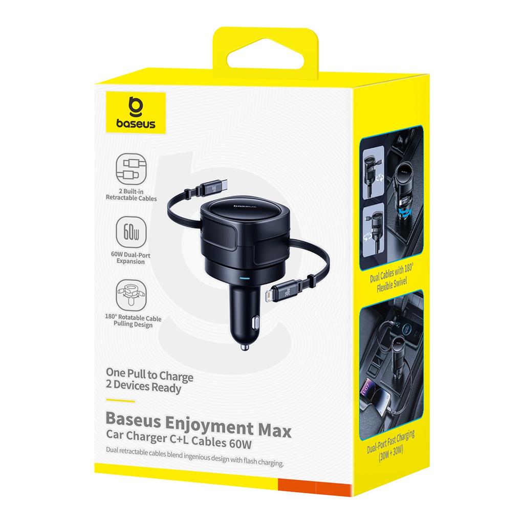 Car Charger with Retractable USB-C iPhone Lightning Cables 60W - Black