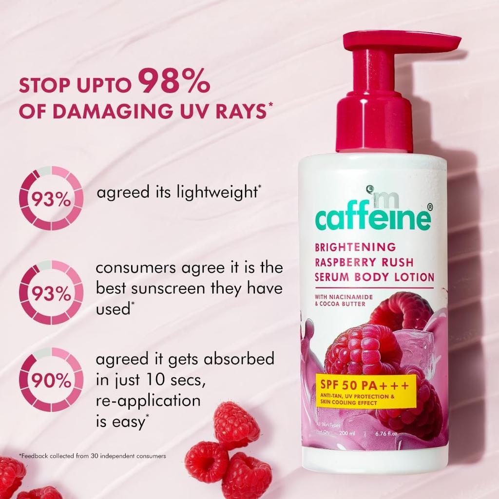 mCaffeine Brightening SPF 50 PA+++ Body Sunscreen Lotion 200 ml Lightweight Non Sticky Hydrating Sun Protection Body Lotion