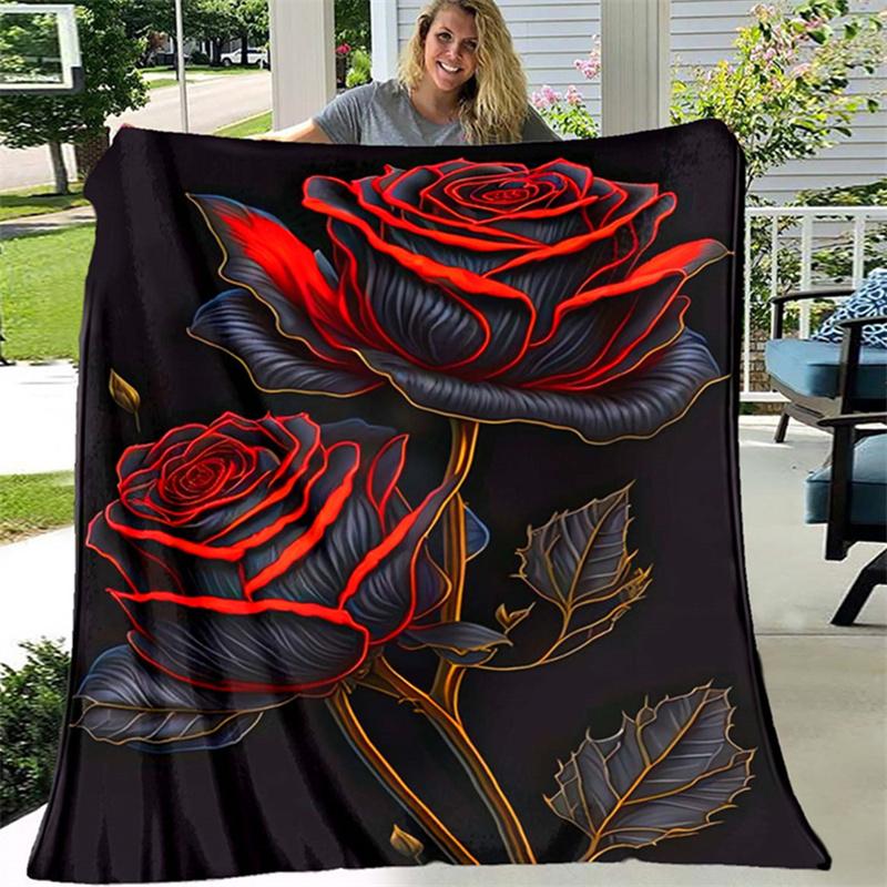 Vintage Dark Rose Floral Pattern Flannel Fleece Blanket Warm Plush Bed Throw Blanket for Living Room Office Travel Household