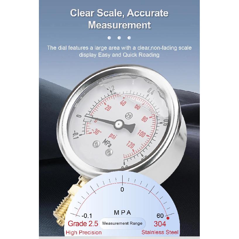 YTN‑60 Axial Liquid Filled Pressure Gauge -0.1MPa-0-60MPa Vibration Proof SS PSI Scale M14*1.5 G1/2 NPT1/4 for Water Air