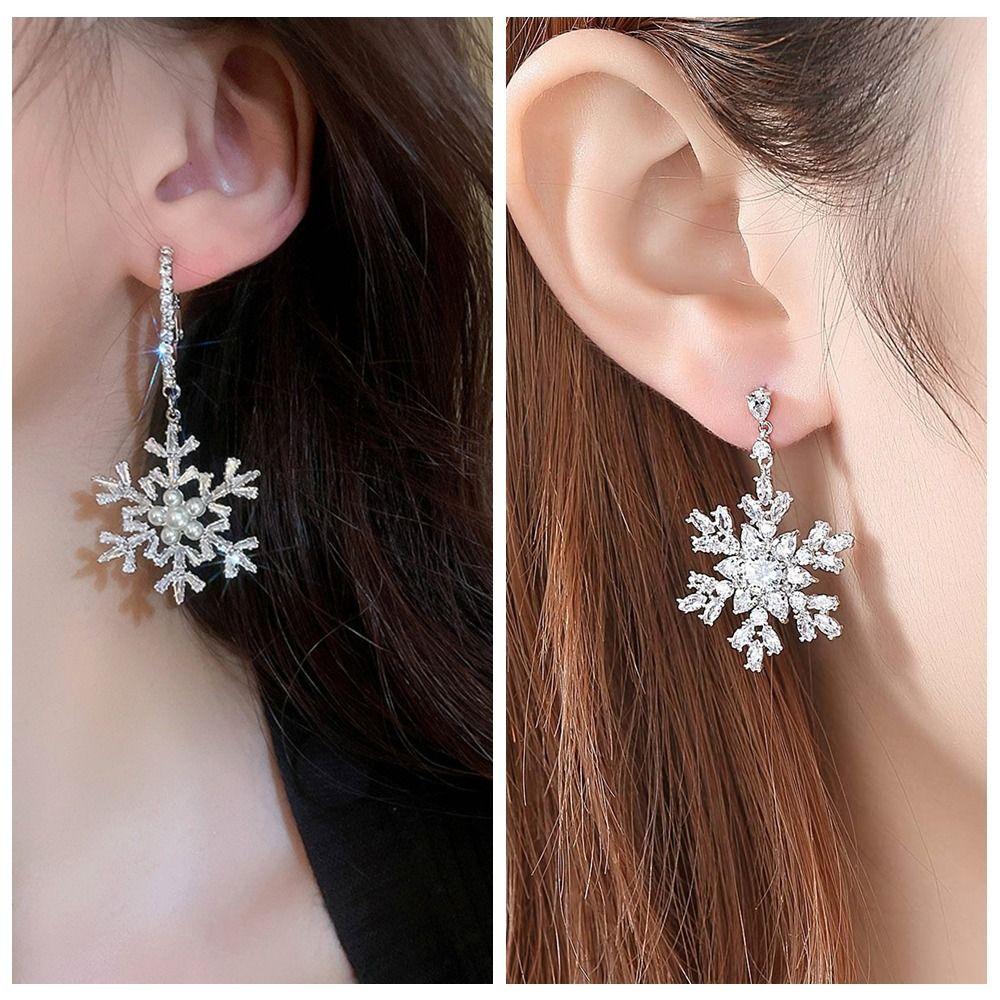 Imitating Pearls Crystal Snowflakes Earrings Silver Zircon Dangle Earrings Girl