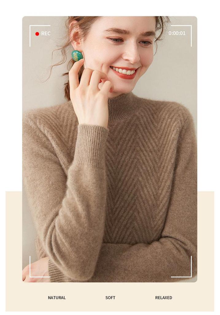 Women's Cashmere V-Neck Twill Sweater - Half-High Collar, Long Sleeve, Loose Fit, Slimming Base Layer for Autumn & Winter.