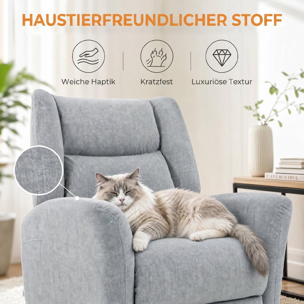 Recliner, Swivel TV Chair with Reclining Function, Wide Deep Seat, Scratch-Resistant Fabric for Living Room, Light Gray