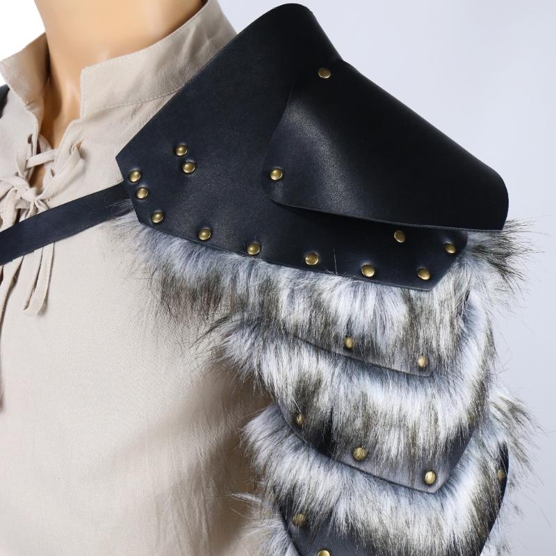 Medieval Men Furry Trim Spliced Single Shoulder Armors Strap Leather Shoulder Pauldron for Cosplay and Halloween Parties