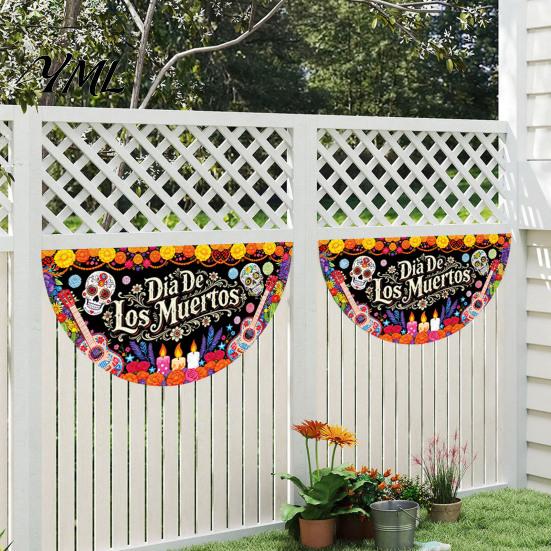 Durable Polyester Bunting Day of The Dead Skull Banner, Marigold Print Fiesta Decorative Wall Hanging Flag, Colorful Sugar Outdoor Yard Party
