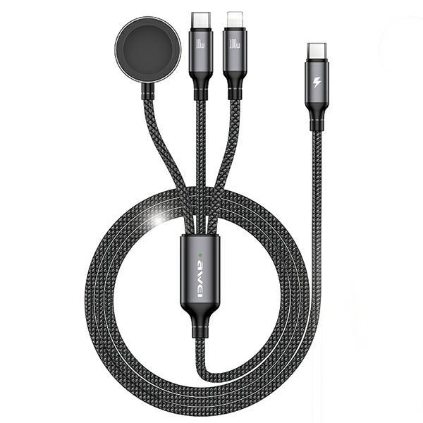 Kabel 3w1 USB-C/Lightning/Watch AWEI 1m 100W Czarny
