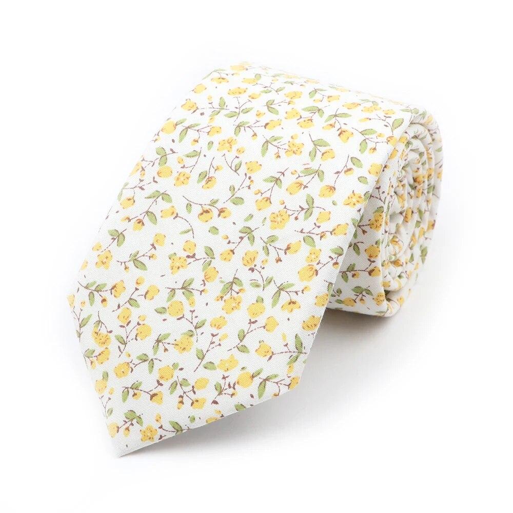 Floral Tie, For Men Women, 100% Cotton, Elegant Flower Necktie, White, Blue, Narrow Skinny, Wedding, Party