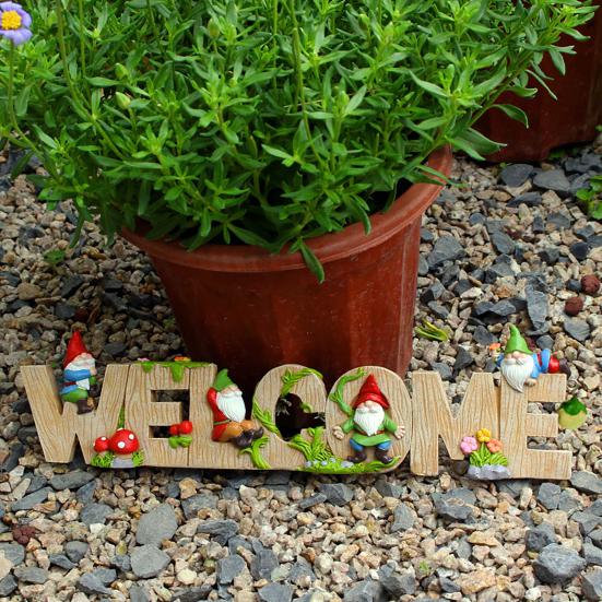 Dwarf Welcome Sign Resin Cartoon Dwarf Ornament Garden Gnome Letter Welcome Sign for Home Office