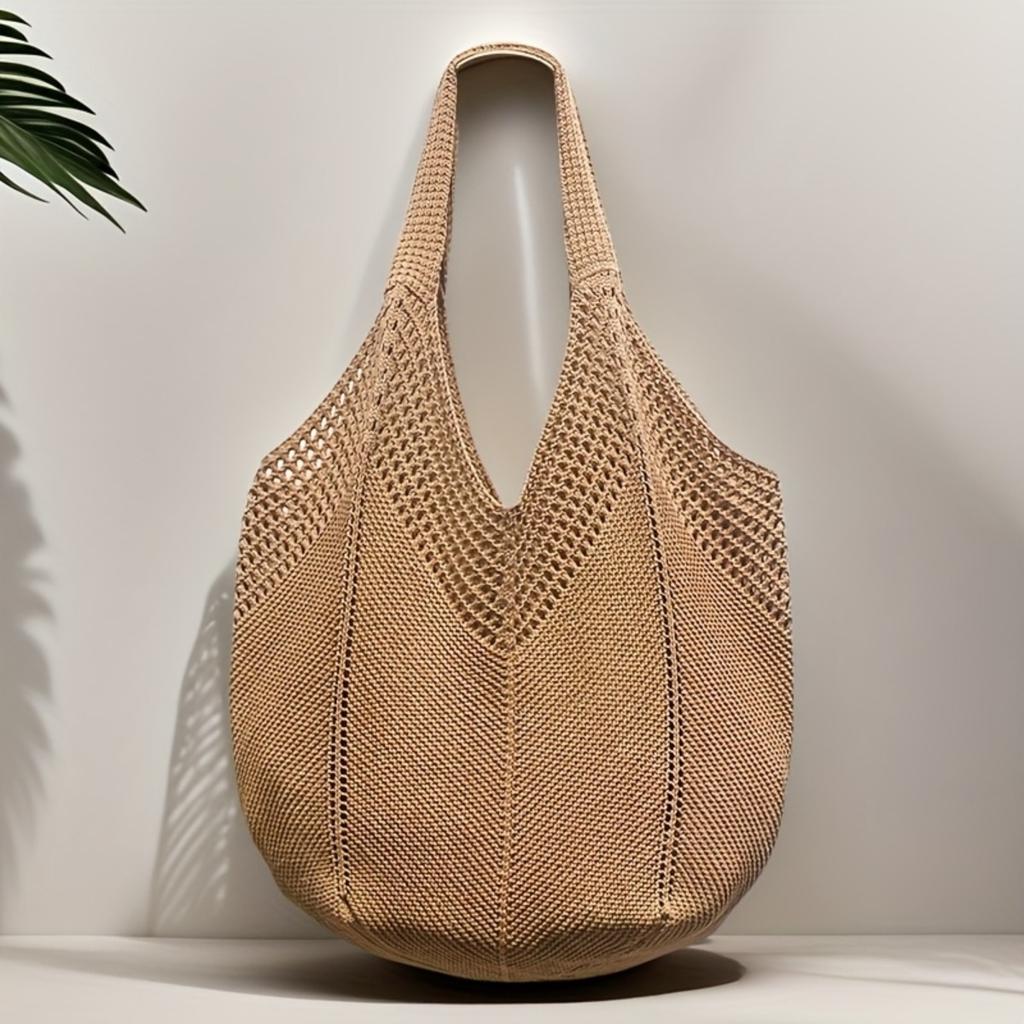 Ladies' Large Capacity Bohemian Knitted Crocheted Shoulder Bag, Fashionable Hollow Woven Tote Bag, Beach Vacation and Leisure Outing, Beach Bag