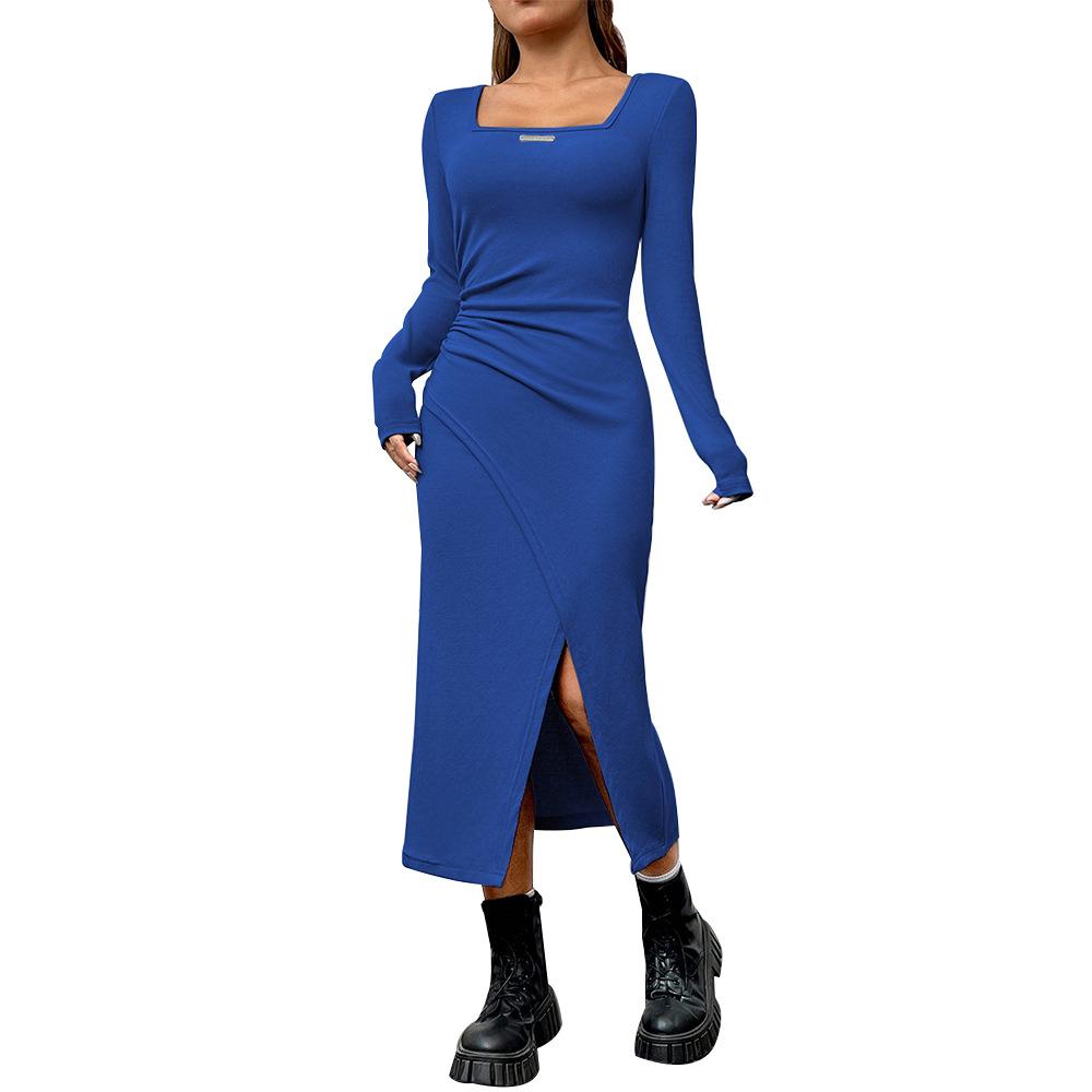European and American women's clothing autumn and winter slim-fit hip-wrapped split square collar temperament commuter long-sleeved medium dress