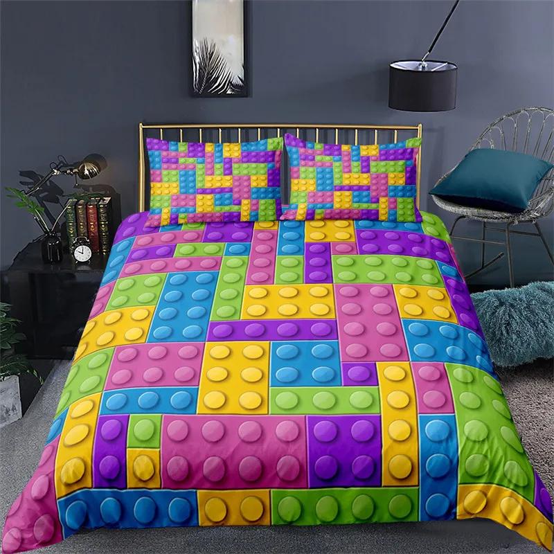 Building Block Duvet Cover Single Queen Bedding Set Colorful Toy Cubes Blocks Printed Soft Microfiber Quilt Cover for Teen Girls
