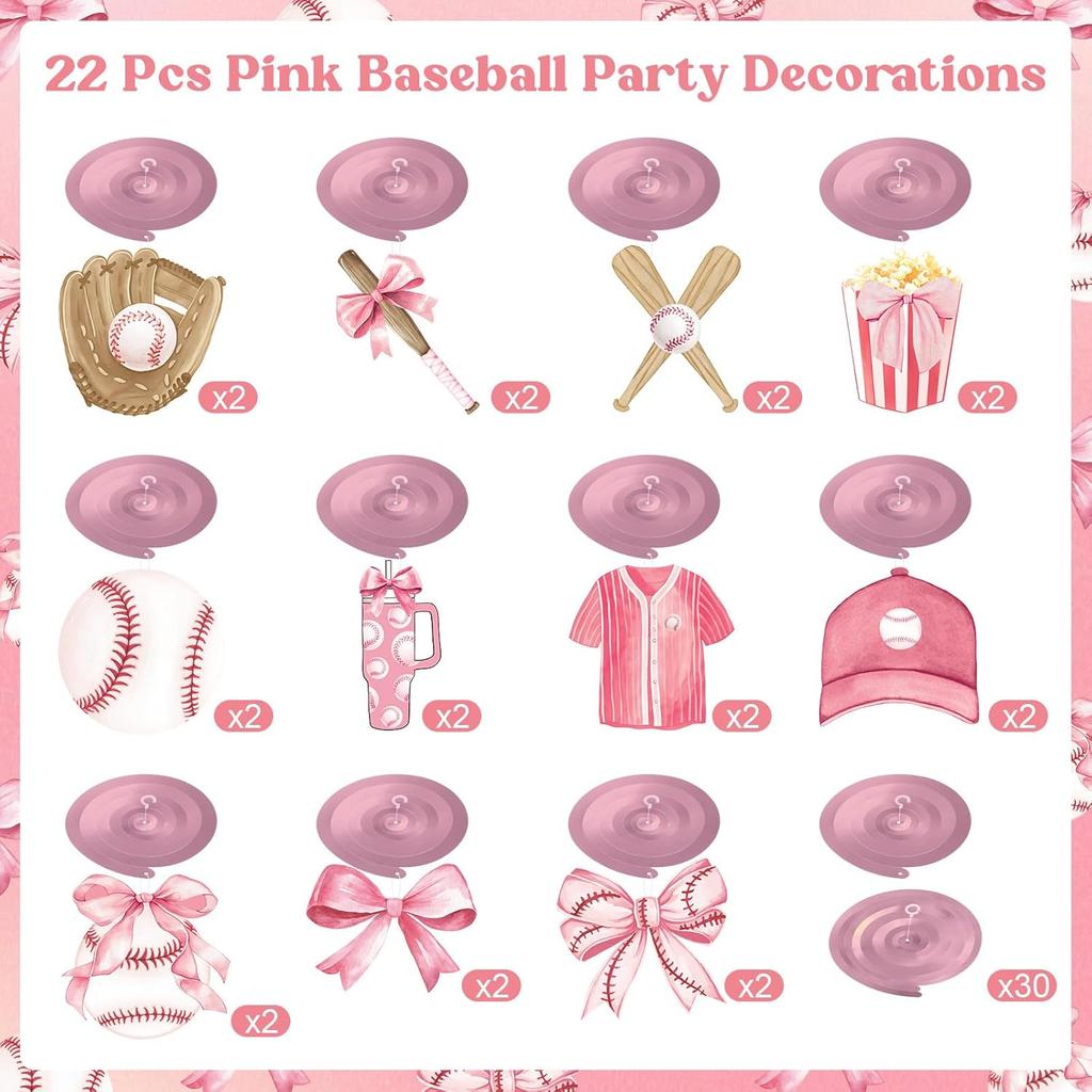 Funrous 22 Pcs Baseball Coquette Party Decoration Pink Bow and Baseball Hanging Swirl Spiral Ceiling Streamer Sport Theme Hanging Decor for Birthday