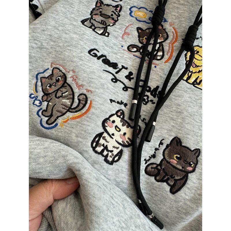 Women's Cute Puppy Embroidery Hooded Sweatshirt - Autumn/Winter Oversized Thickened Silver Fox Fleece Jacket