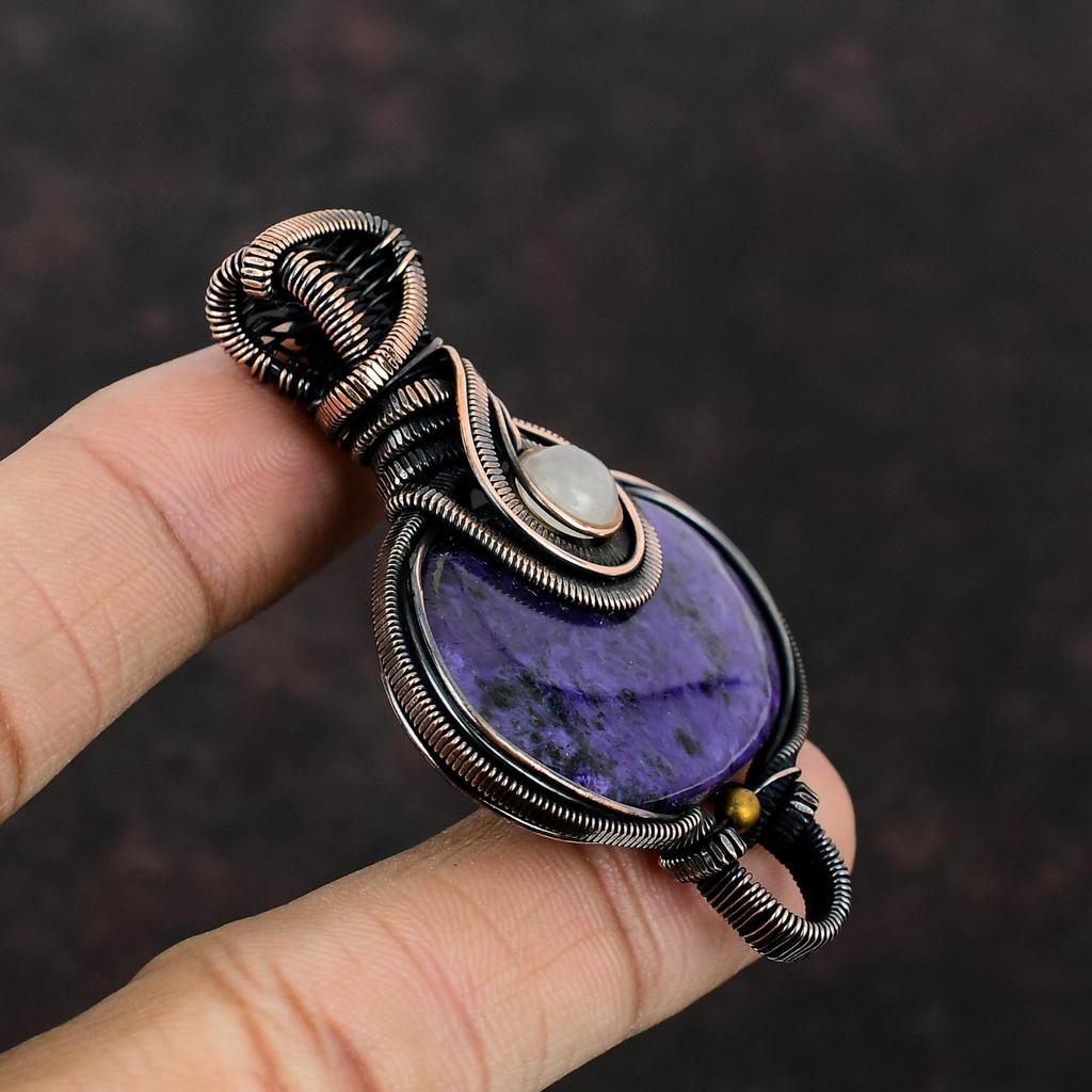 Подвеска из чароита, медная проволока, обернутая подвеска, ювелирные изделия из драгоценных камней, подвеска ручной работы, подвеска из радужного лунного камня, антикварная медная подвеска, подарок для нее