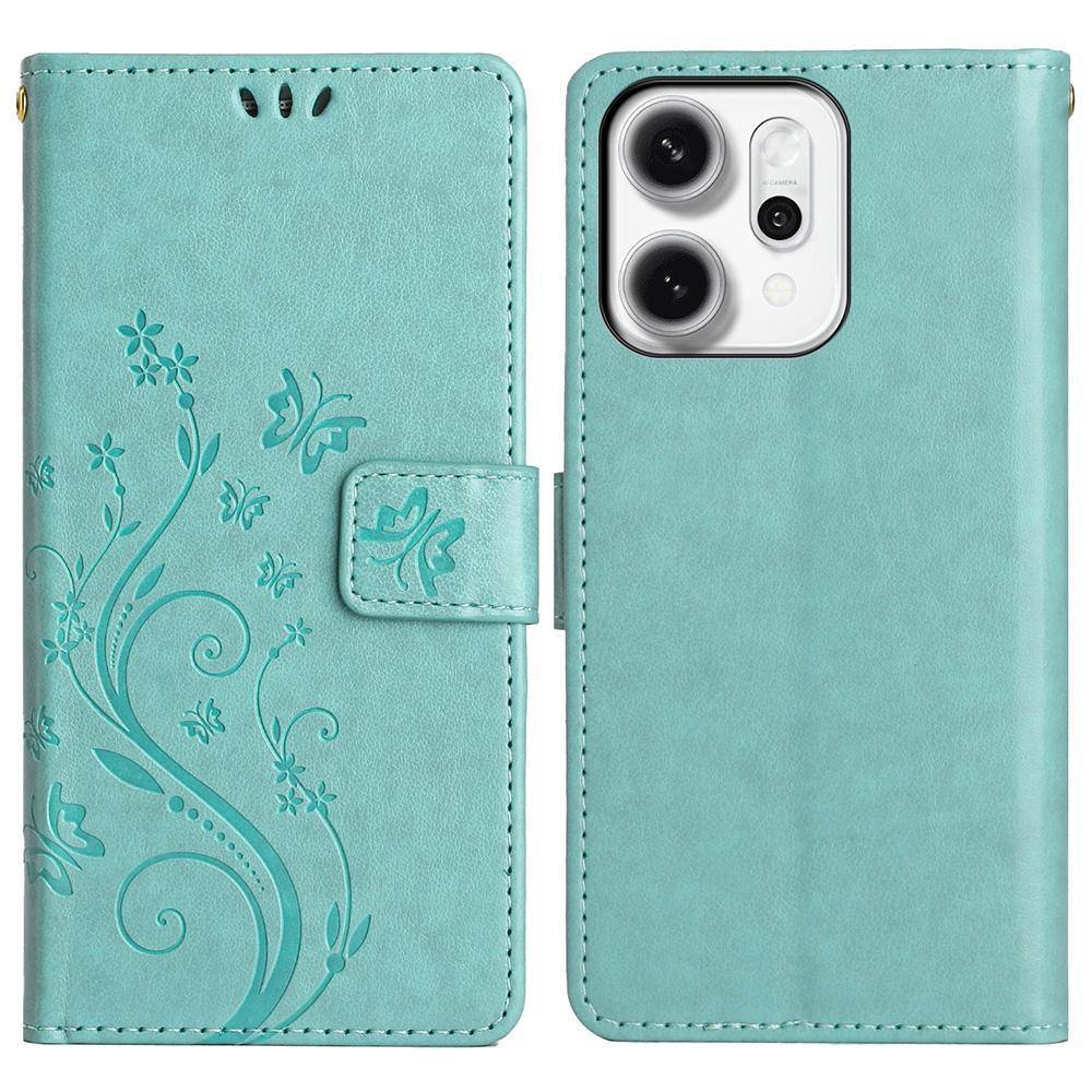 For Oppo Reno14 Pro 5G (Global)/Reno13 Pro 5G Leather Wallet Case Butterfly Flower Imprint Phone Cover with Strap