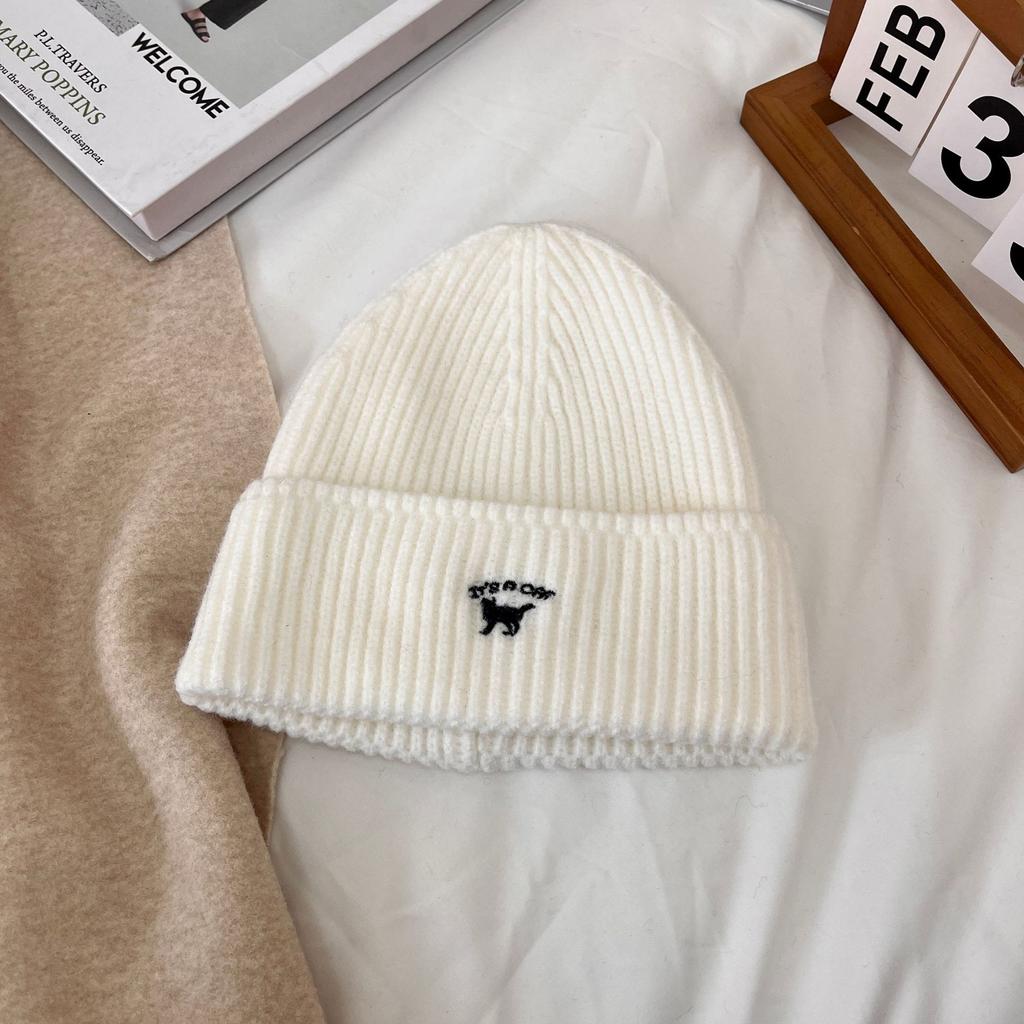 Шапка женская осенне-зимняя универсальная вышитая шапка с изображением котенка большая голова маленькая вязаная шапка модная теплая шерстяная холодная шапка